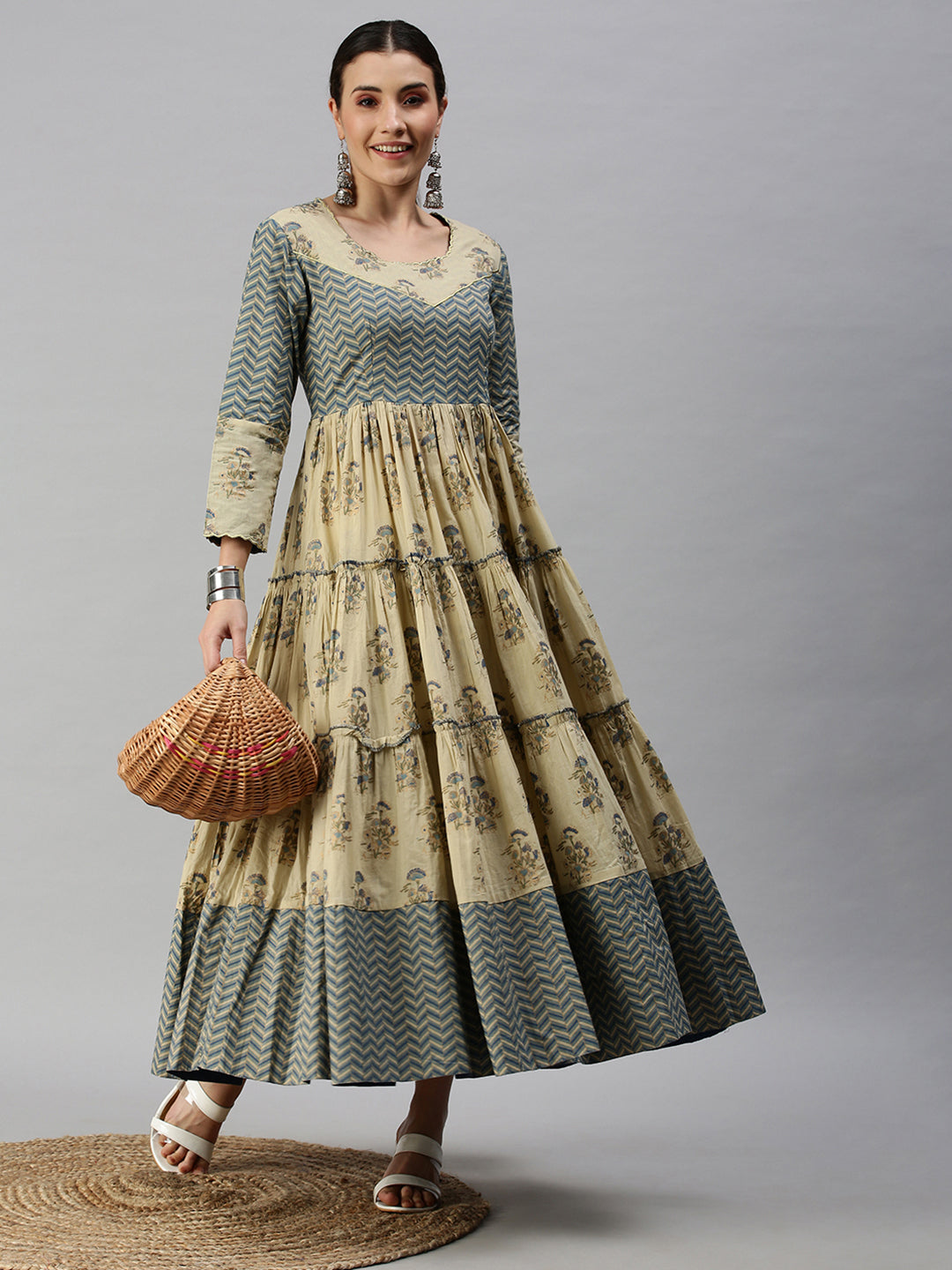 Women's Beige & Blue Printed Anarkali Kurta