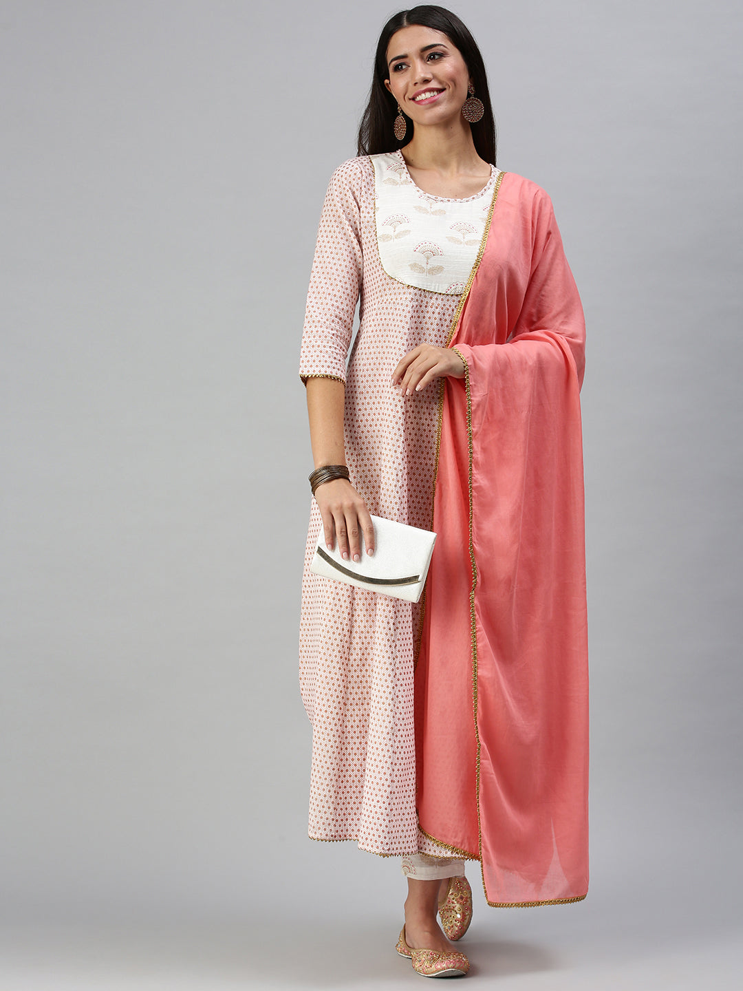 Women's White & Pink Printed Kurta Sets