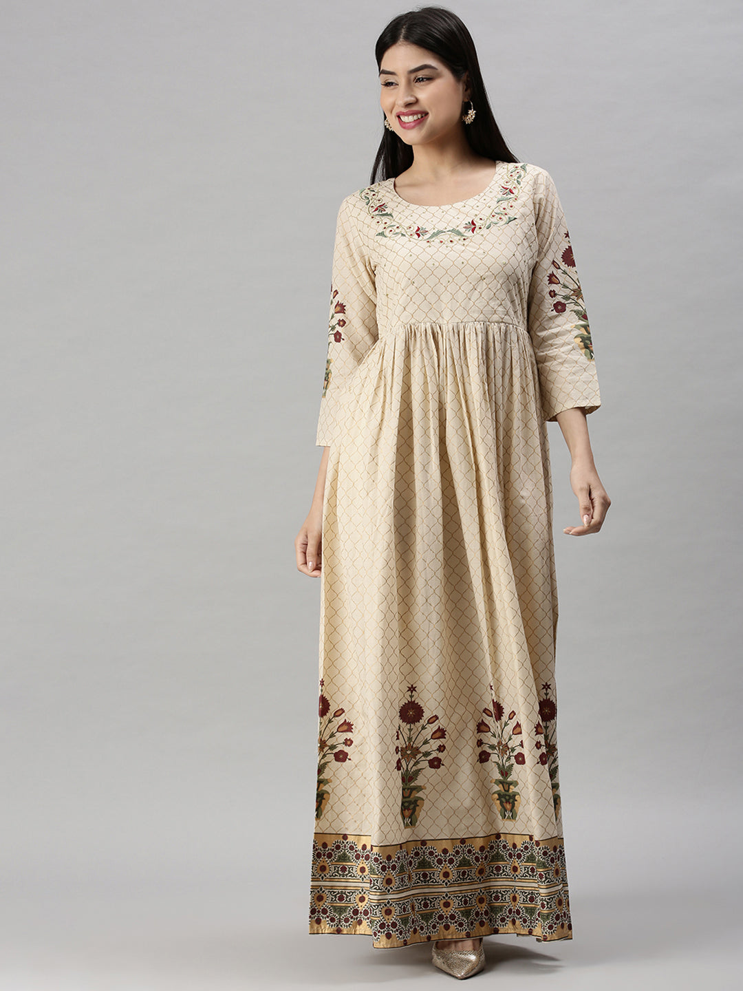 Women's Beige Floral Anarkali Kurta