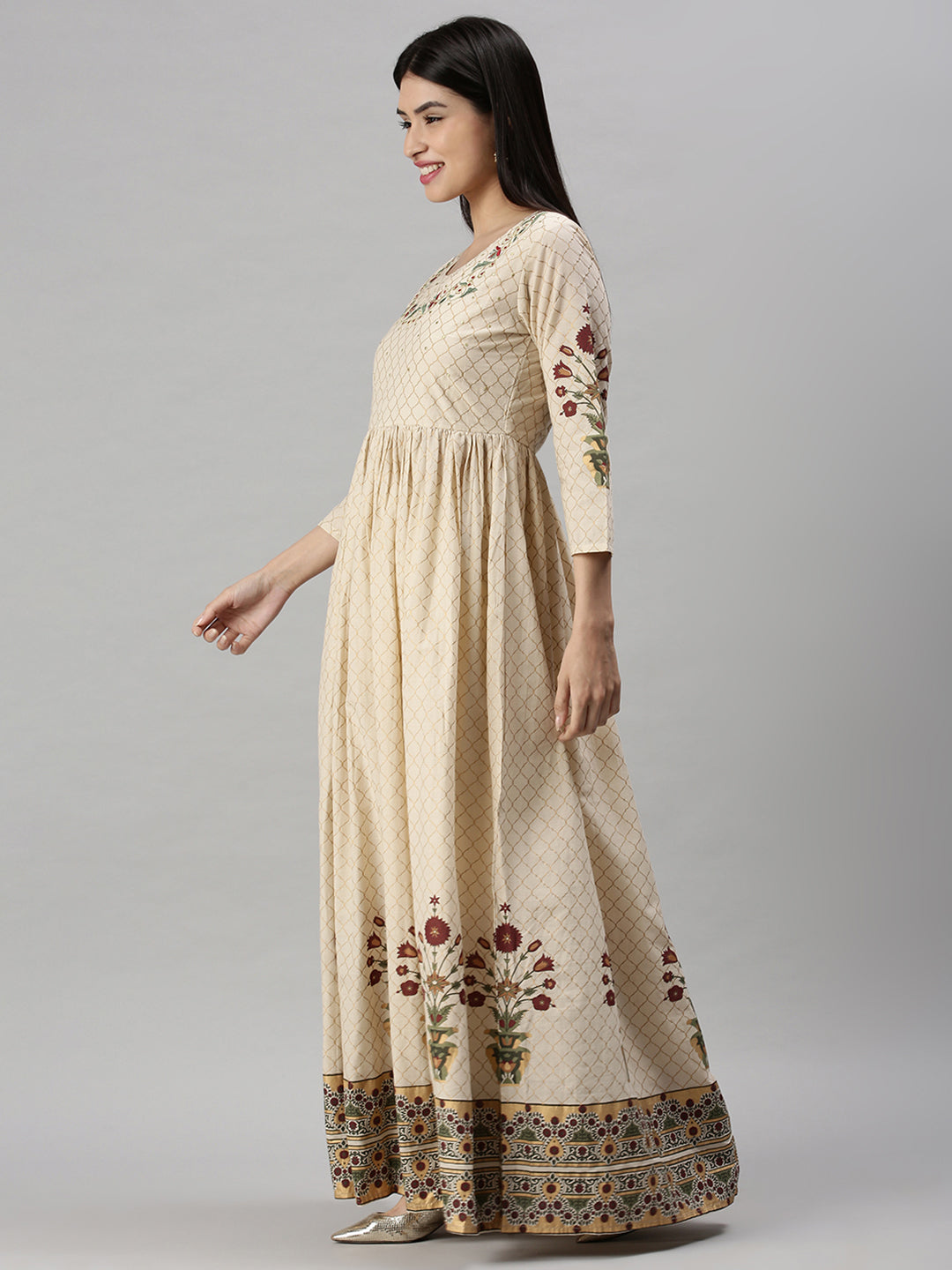 Women's Beige Floral Anarkali Kurta