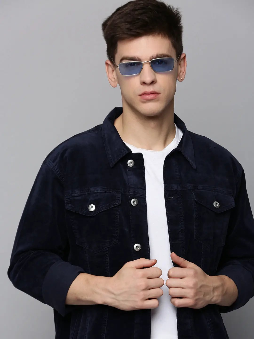 Men's Navy Solid Denim Jacket