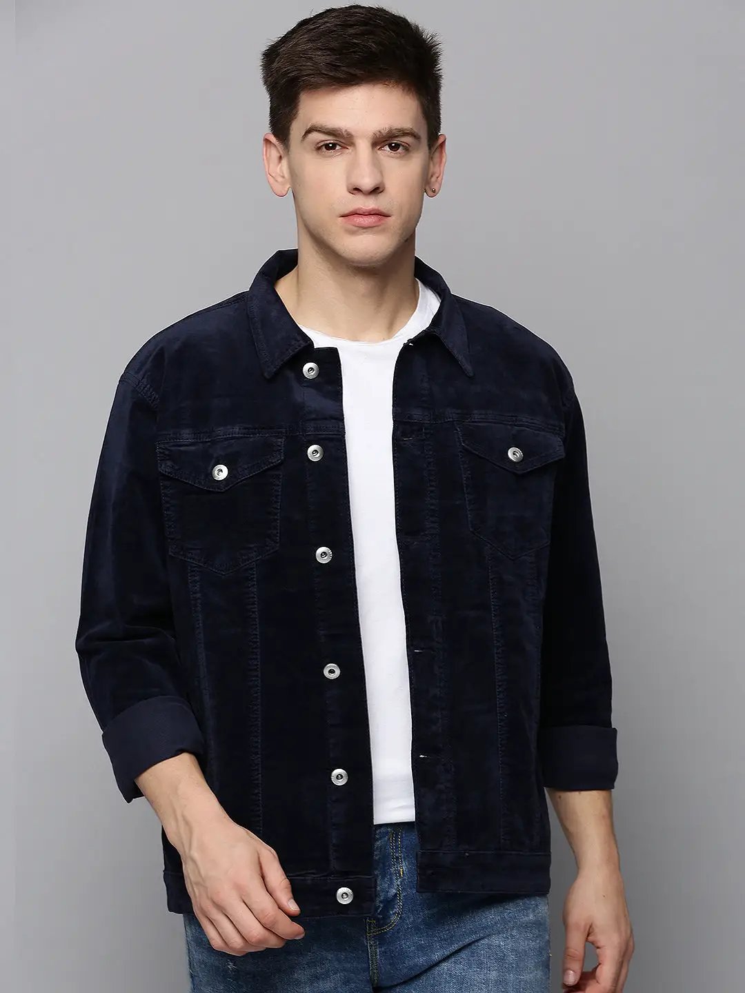 Men's Navy Solid Denim Jacket
