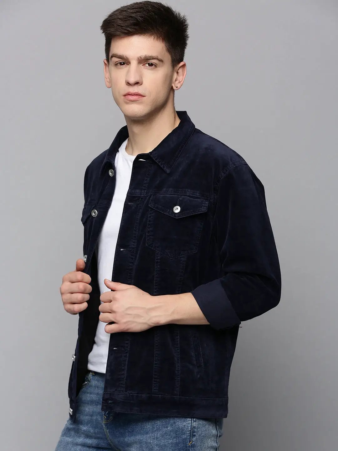 Men's Navy Solid Denim Jacket