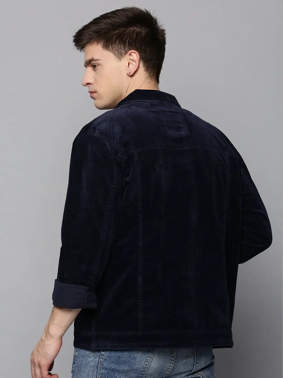 Men's Navy Solid Denim Jacket