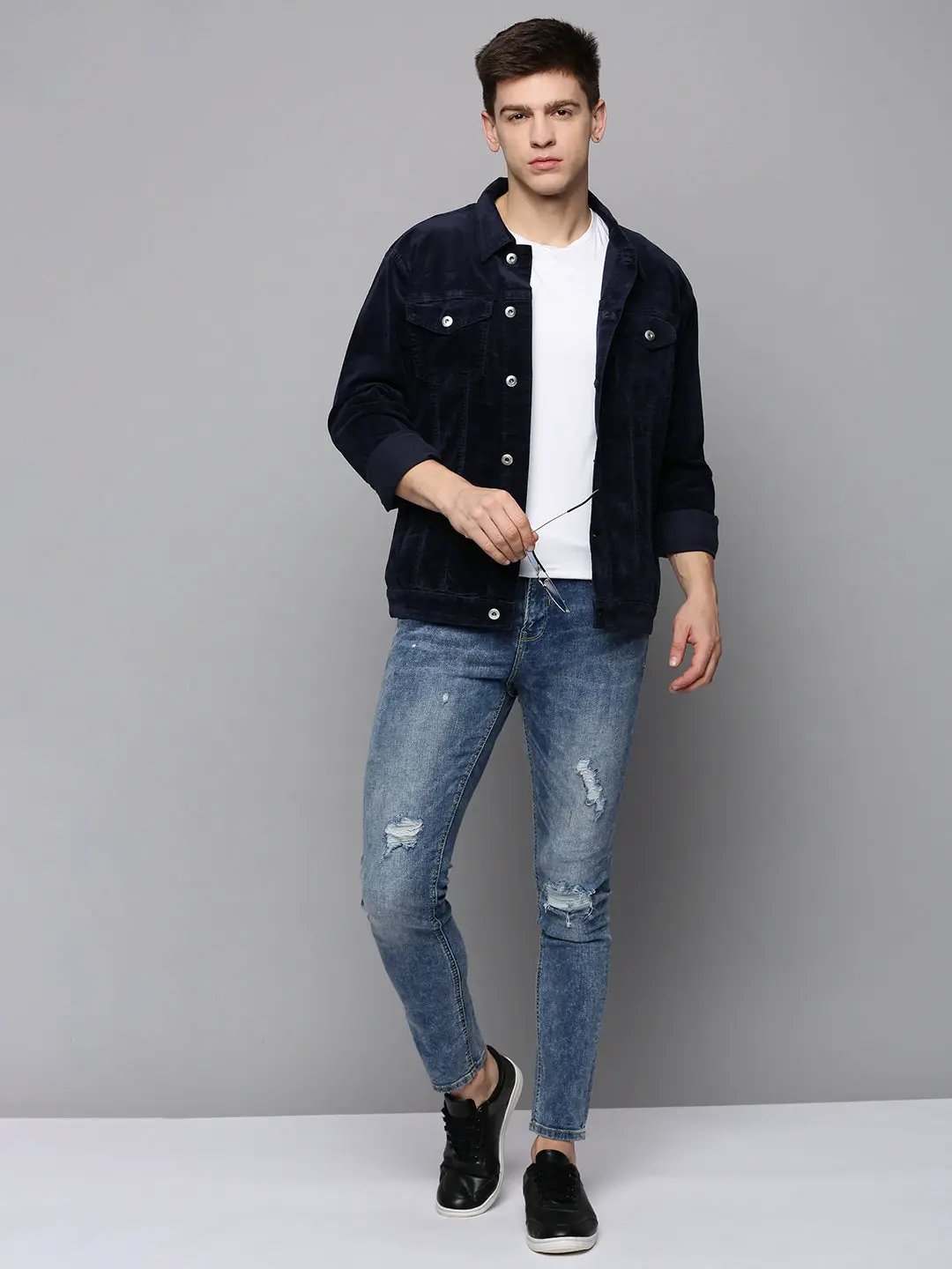 Men's Navy Solid Denim Jacket