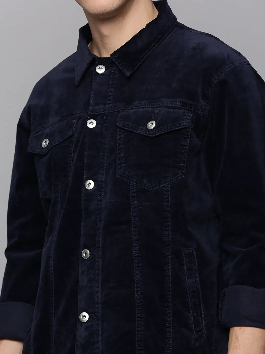 Men's Navy Solid Denim Jacket