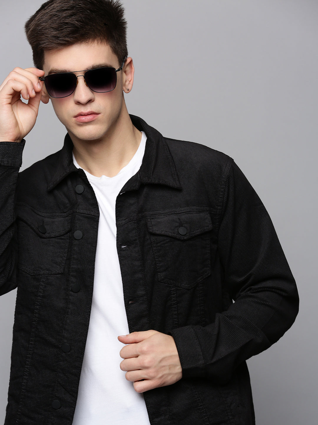 Men Black Solid Denim Jacket