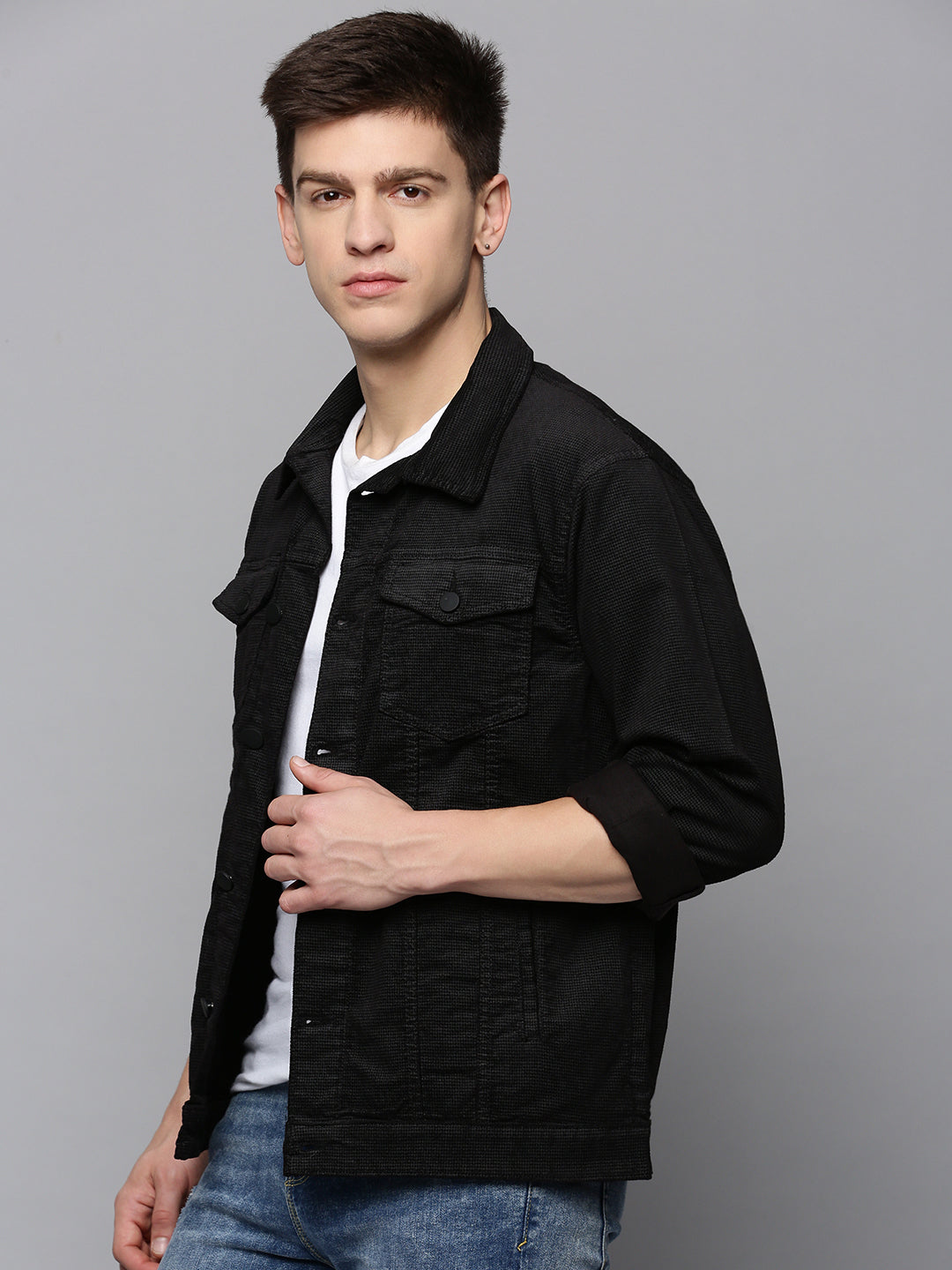 Men Black Solid Denim Jacket