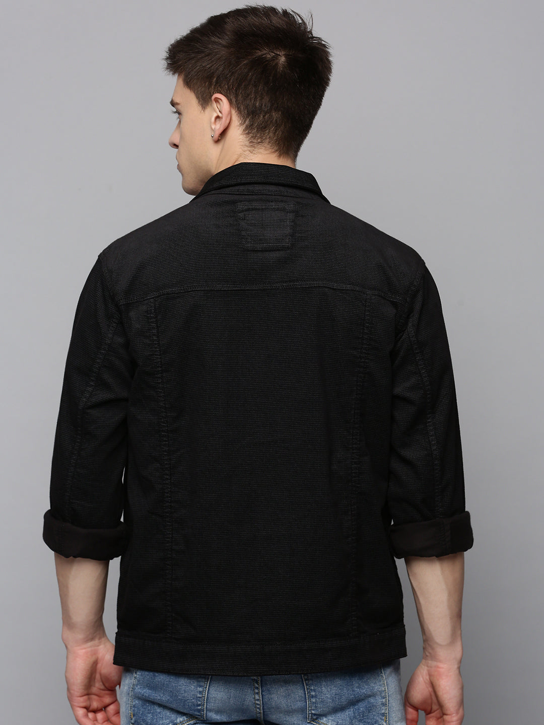 Men Black Solid Denim Jacket