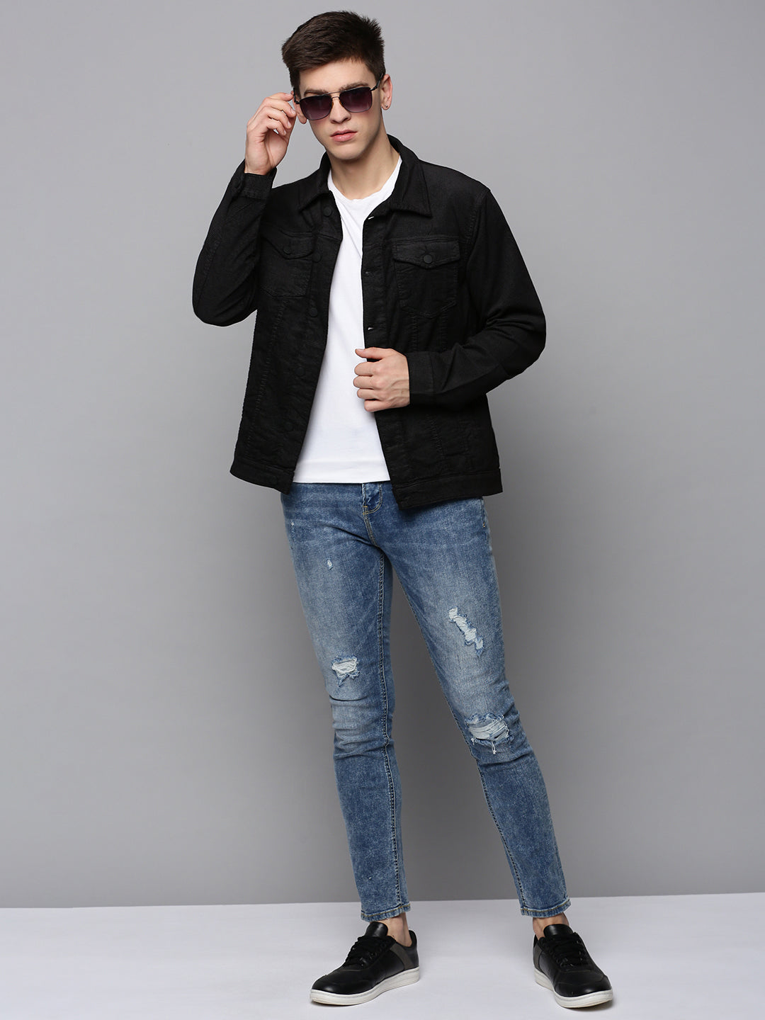 Men Black Solid Denim Jacket