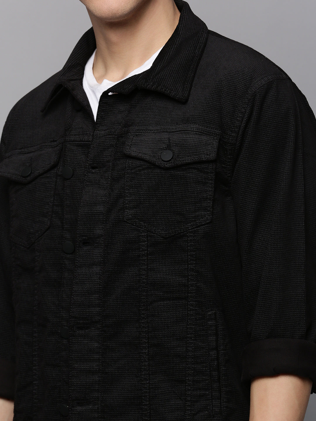 Men Black Solid Denim Jacket