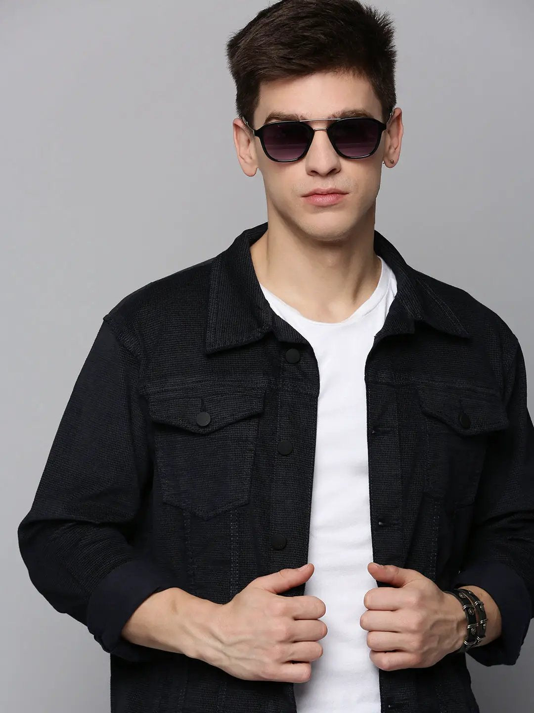 Men's Navy Solid Western Jacket
