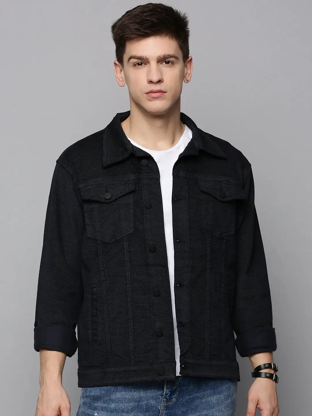 Men's Navy Solid Western Jacket
