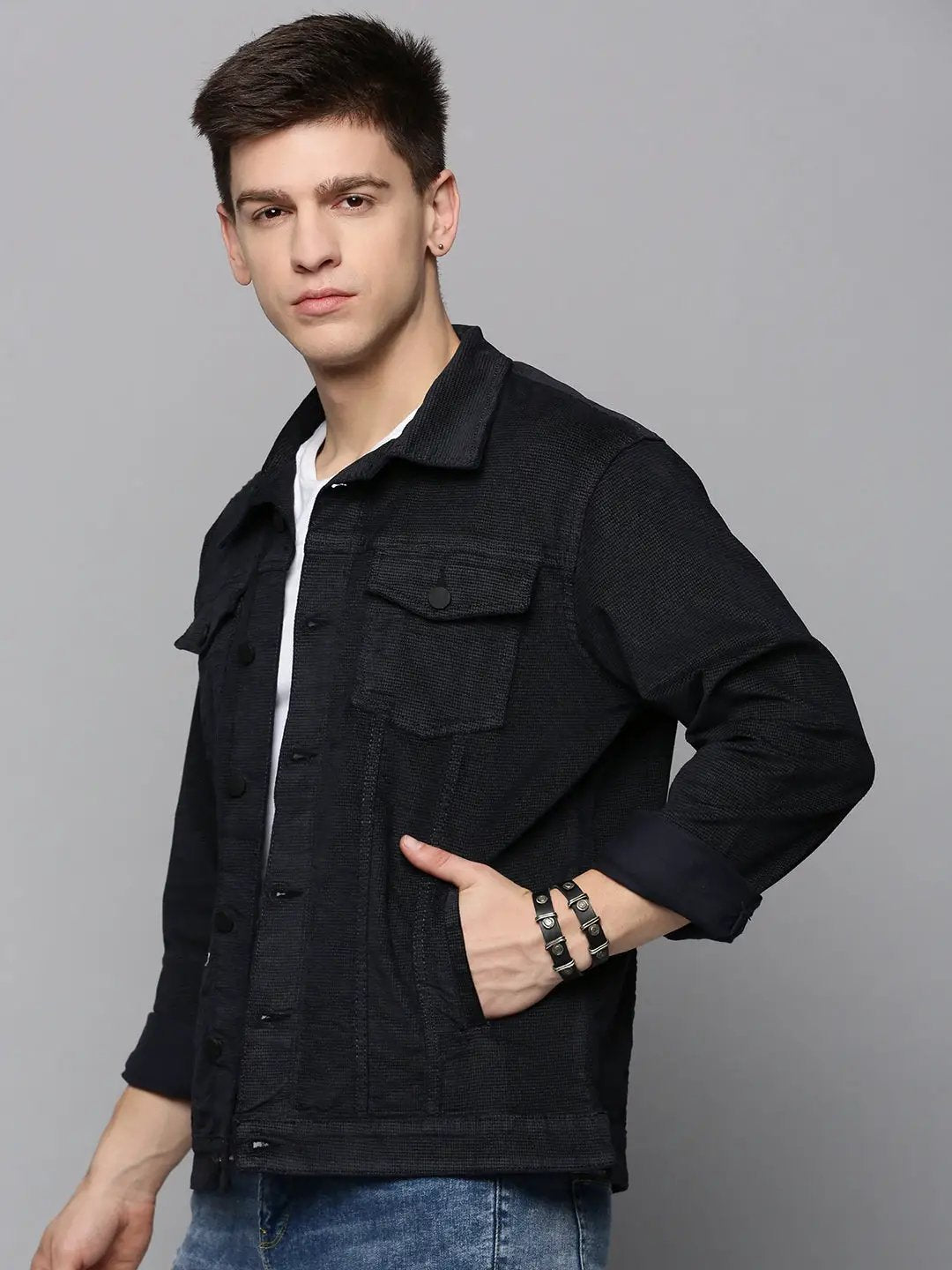 Men's Navy Solid Western Jacket