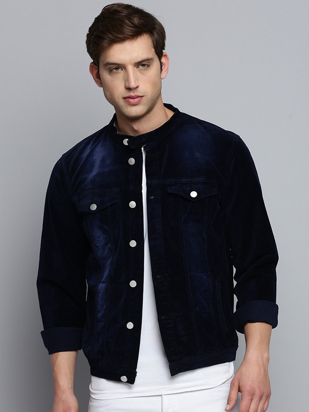 Men Navy Solid Casual Jacket