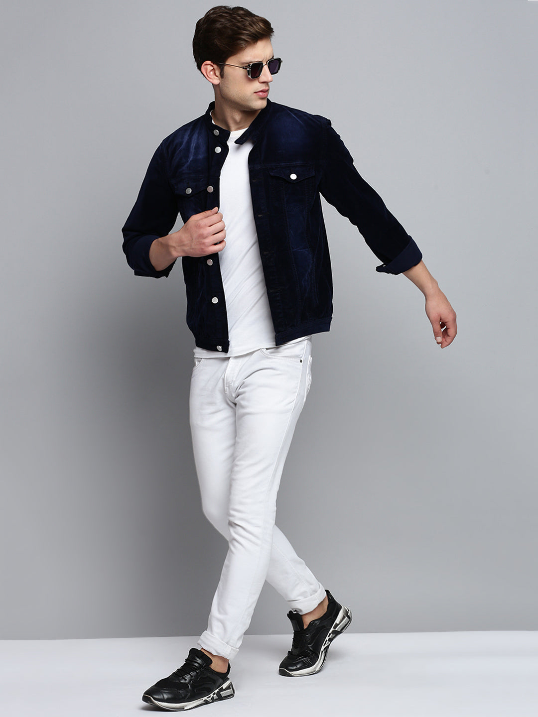 Men Navy Solid Casual Jacket