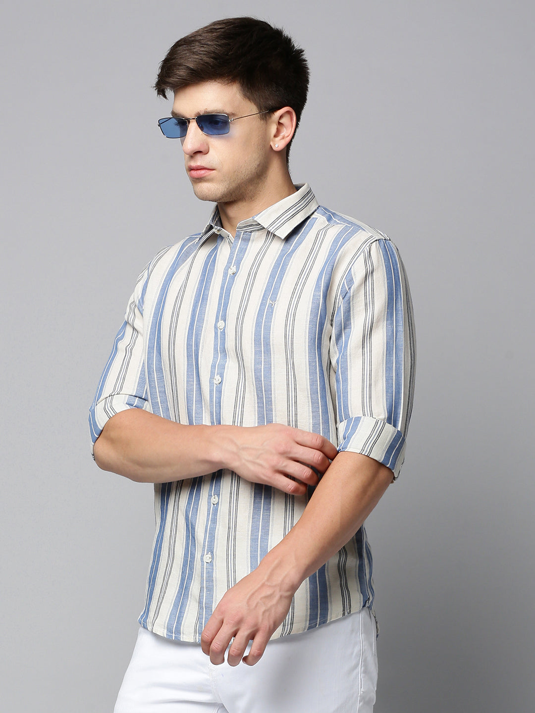 Men White Striped Casual Shirt