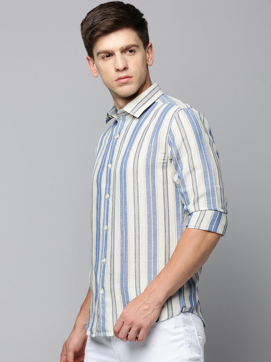 Men White Striped Casual Shirt