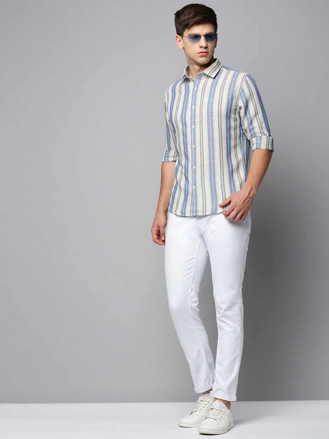 Men White Striped Casual Shirt