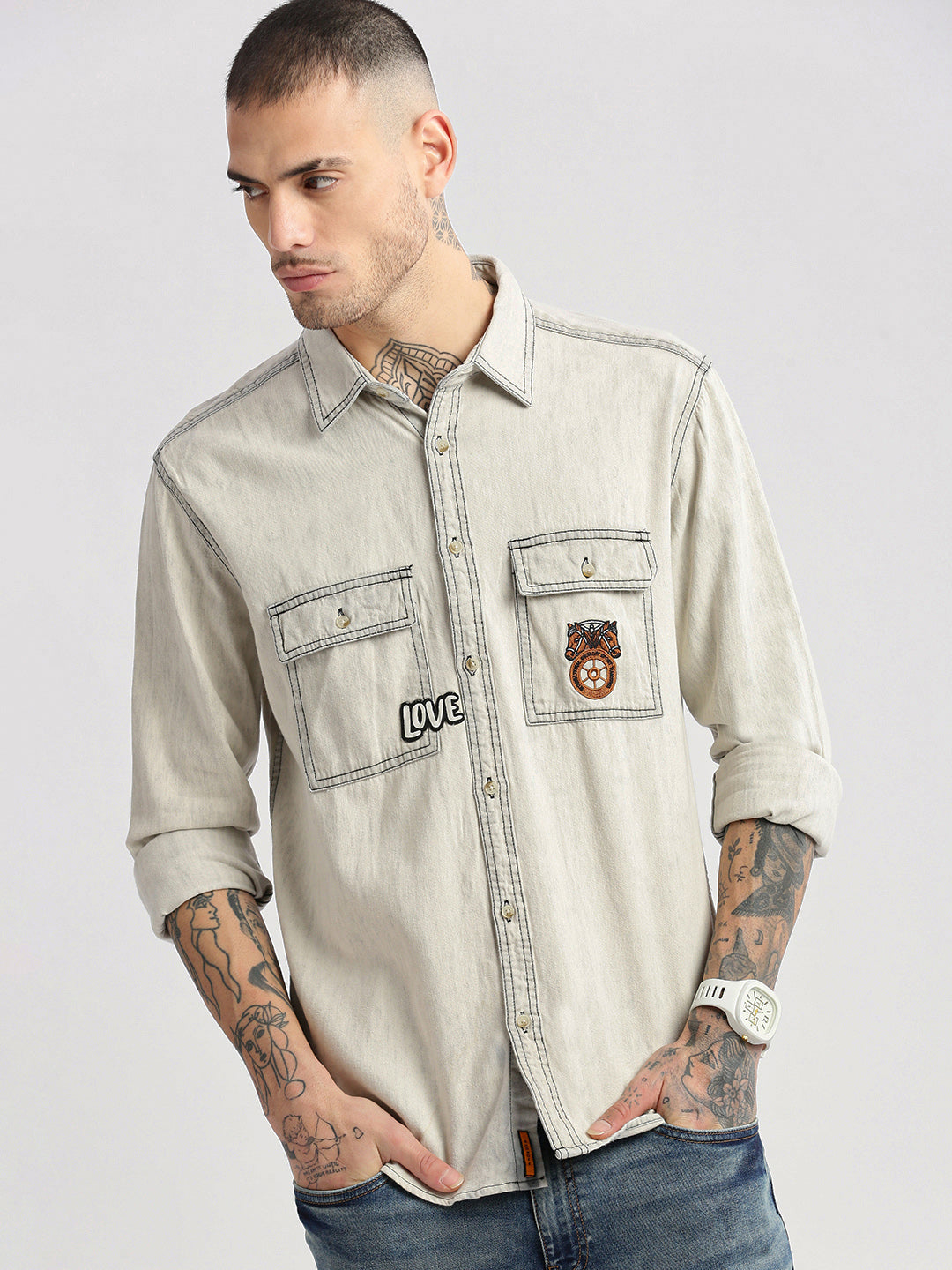 Men Spread Collar Denim Solid Cream Casual Shirt