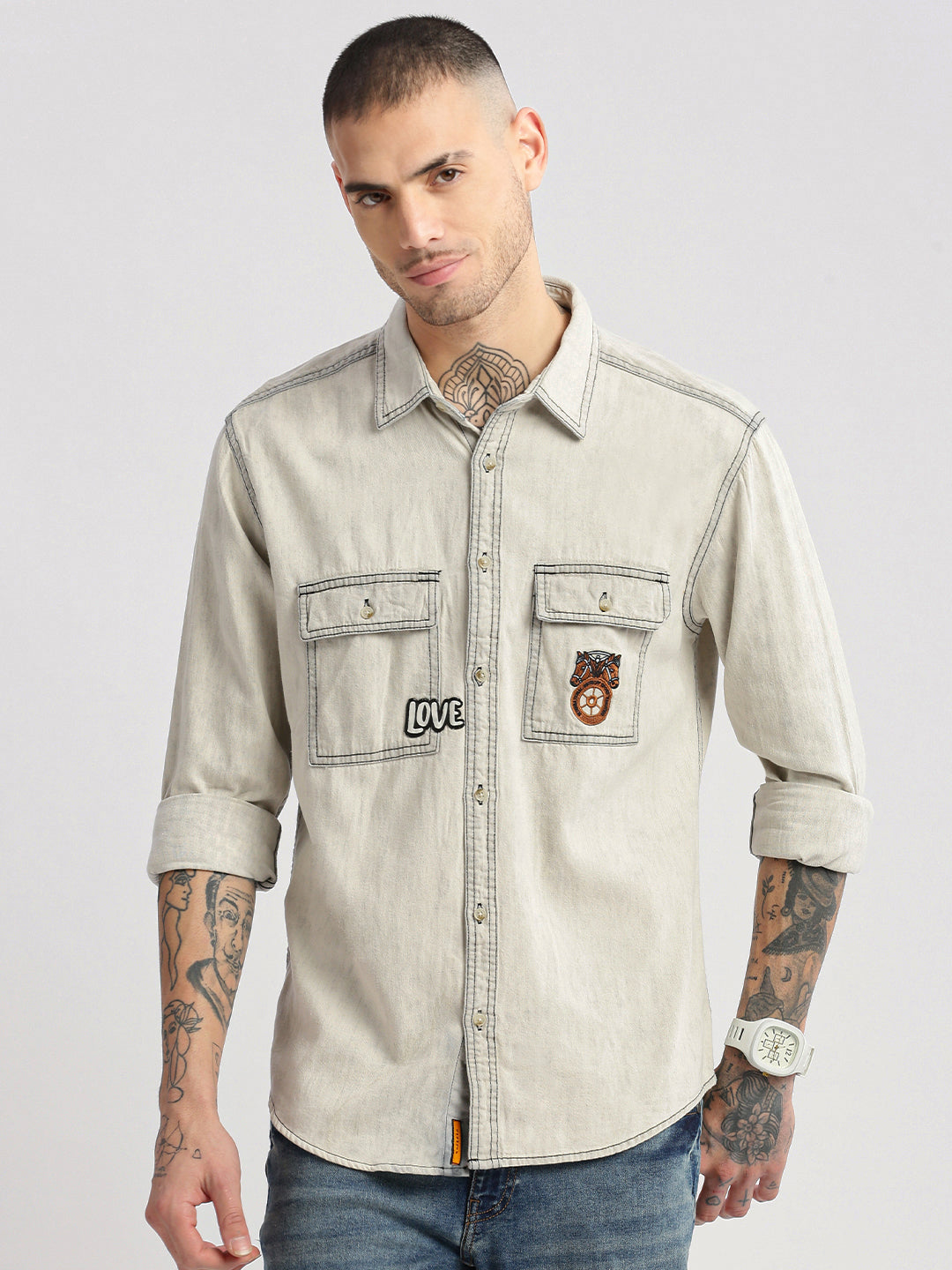 Men Spread Collar Denim Solid Cream Casual Shirt