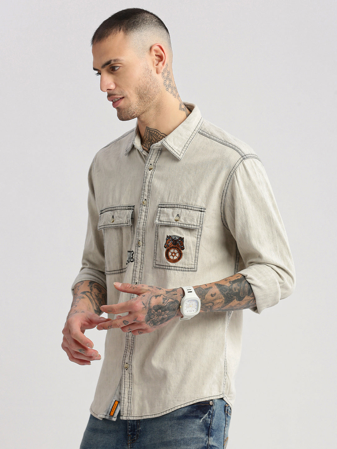 Men Spread Collar Denim Solid Cream Casual Shirt