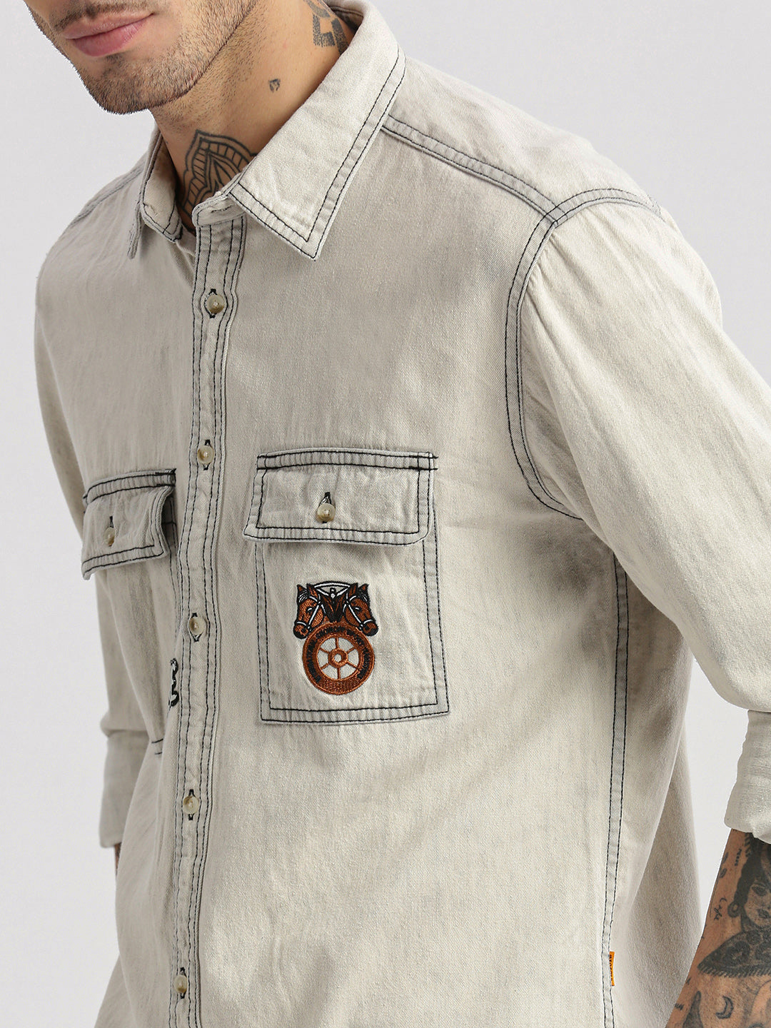 Men Spread Collar Denim Solid Cream Casual Shirt