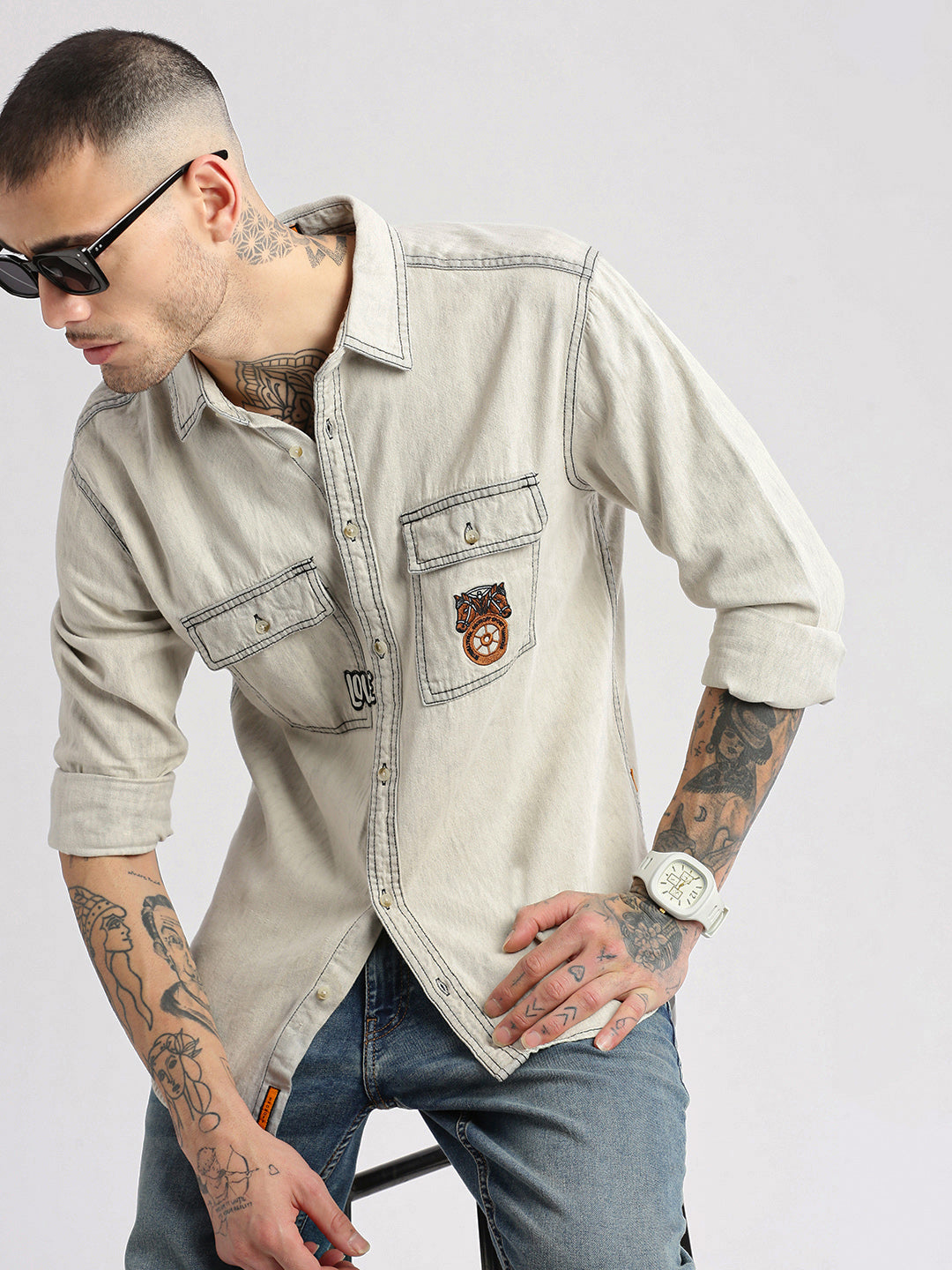 Men Spread Collar Denim Solid Cream Casual Shirt