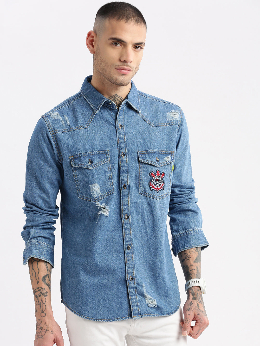 Men Spread Collar Denim Solid Blue Casual Shirt