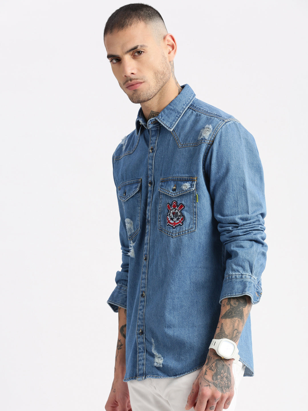 Men Spread Collar Denim Solid Blue Casual Shirt