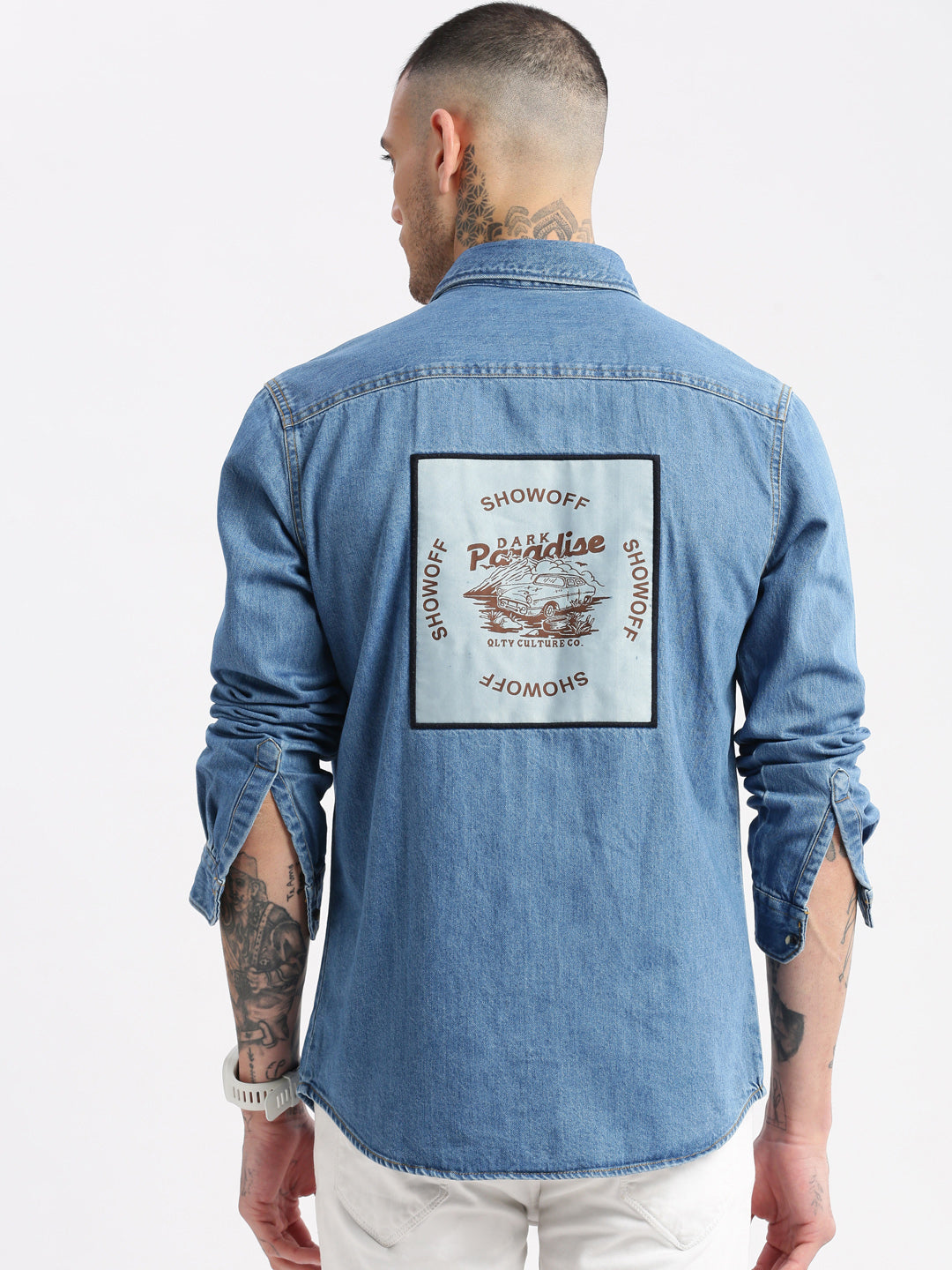 Men Spread Collar Denim Solid Blue Casual Shirt