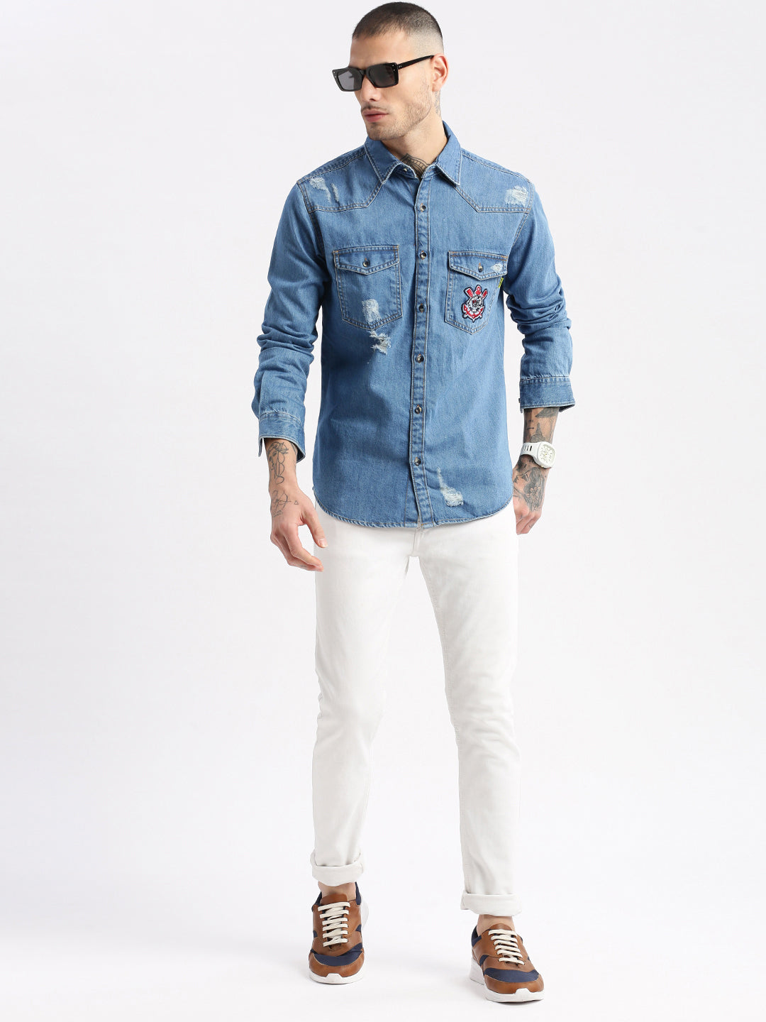 Men Spread Collar Denim Solid Blue Casual Shirt