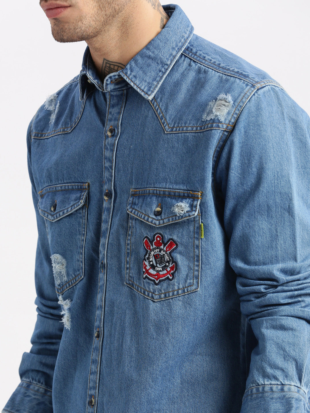 Men Spread Collar Denim Solid Blue Casual Shirt