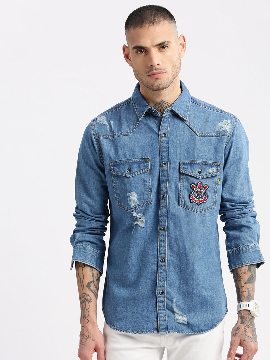 Men Spread Collar Denim Solid Blue Casual Shirt