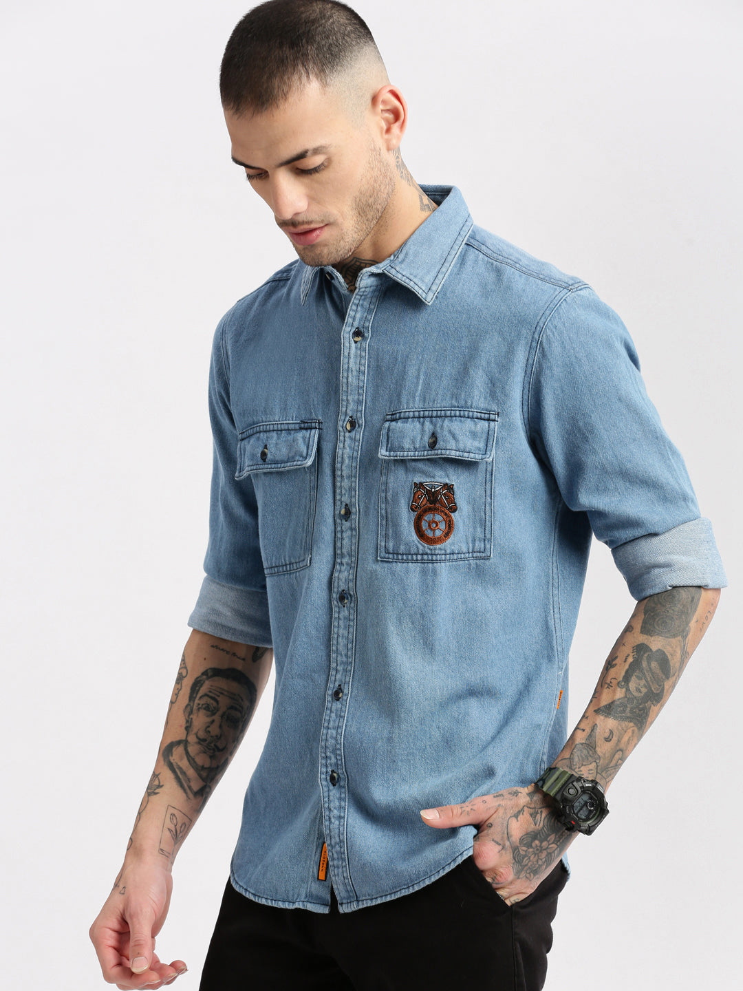 Men Spread Collar Denim Solid Blue Casual Shirt