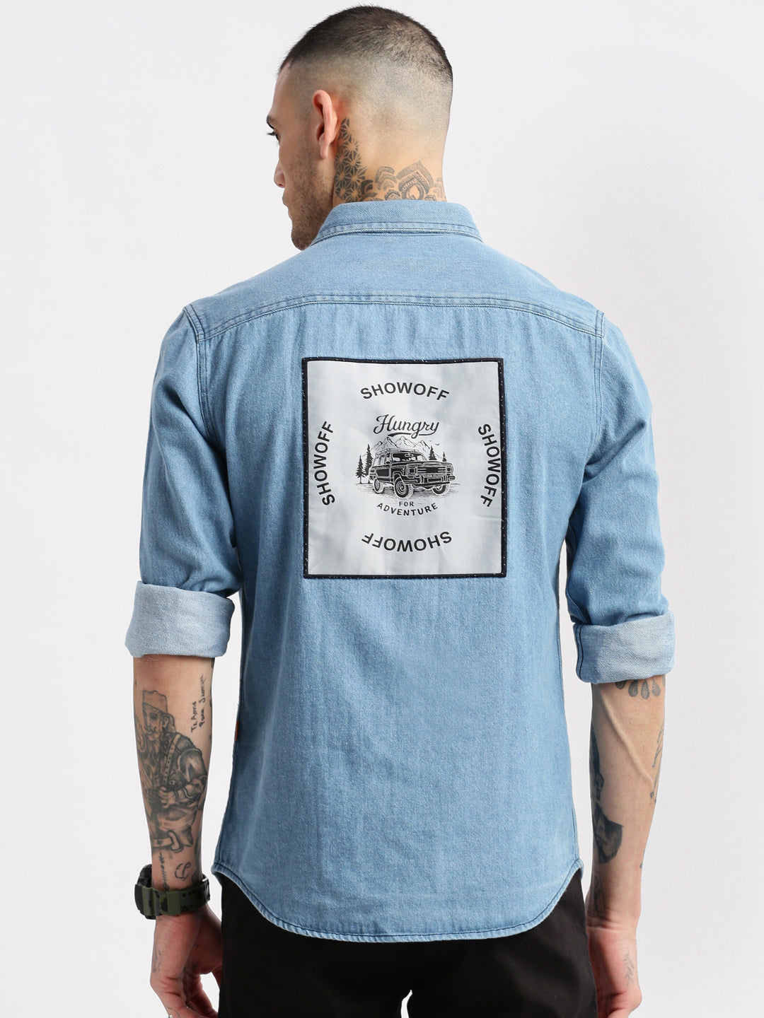 Men Spread Collar Denim Solid Blue Casual Shirt