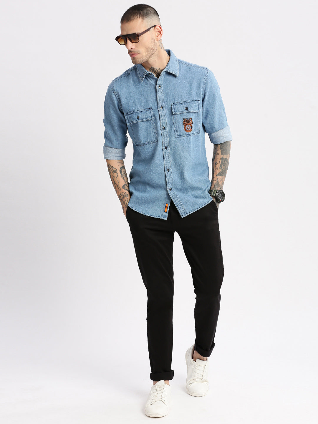 Men Spread Collar Denim Solid Blue Casual Shirt