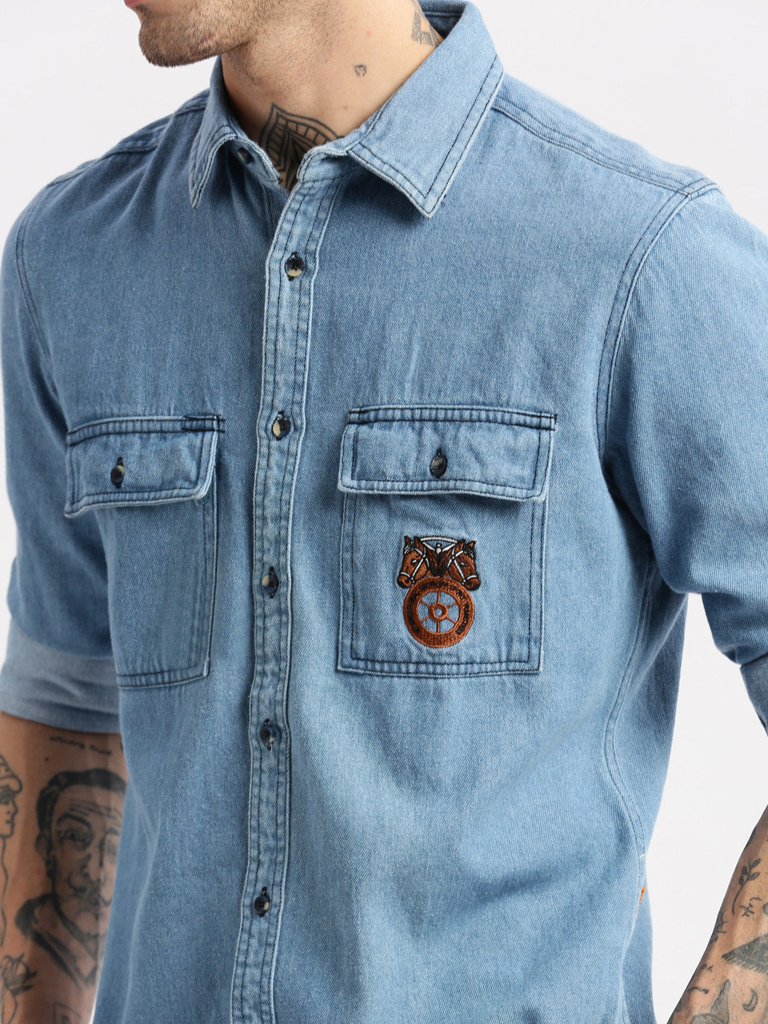 Men Spread Collar Denim Solid Blue Casual Shirt