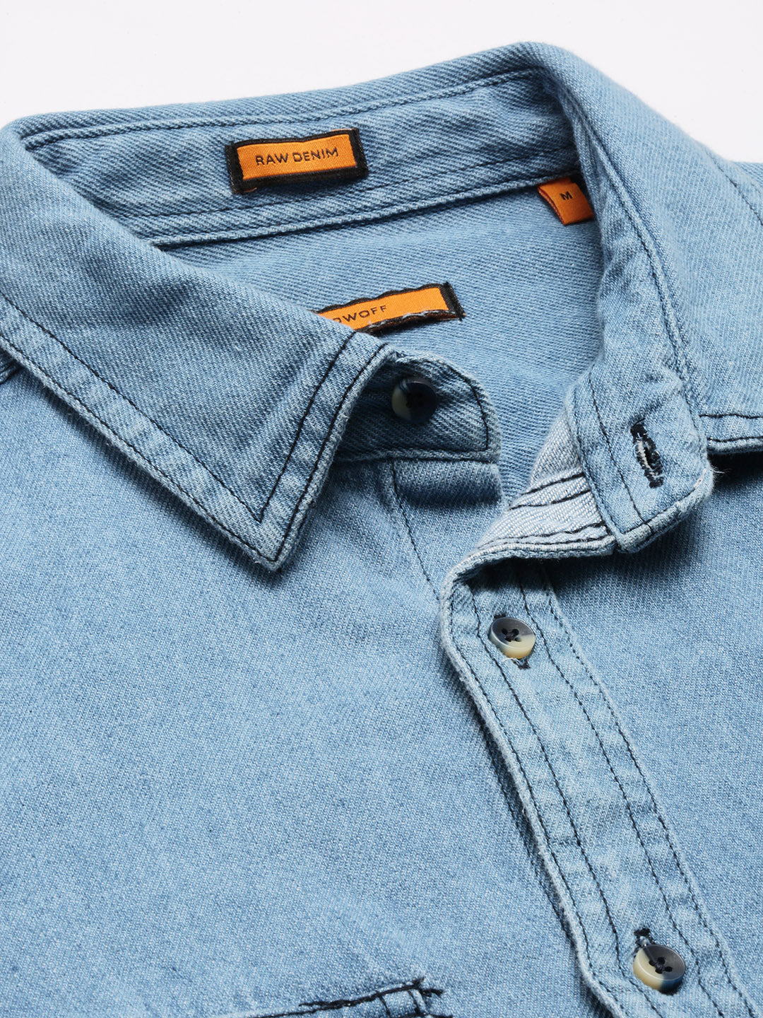 Men Spread Collar Denim Solid Blue Casual Shirt