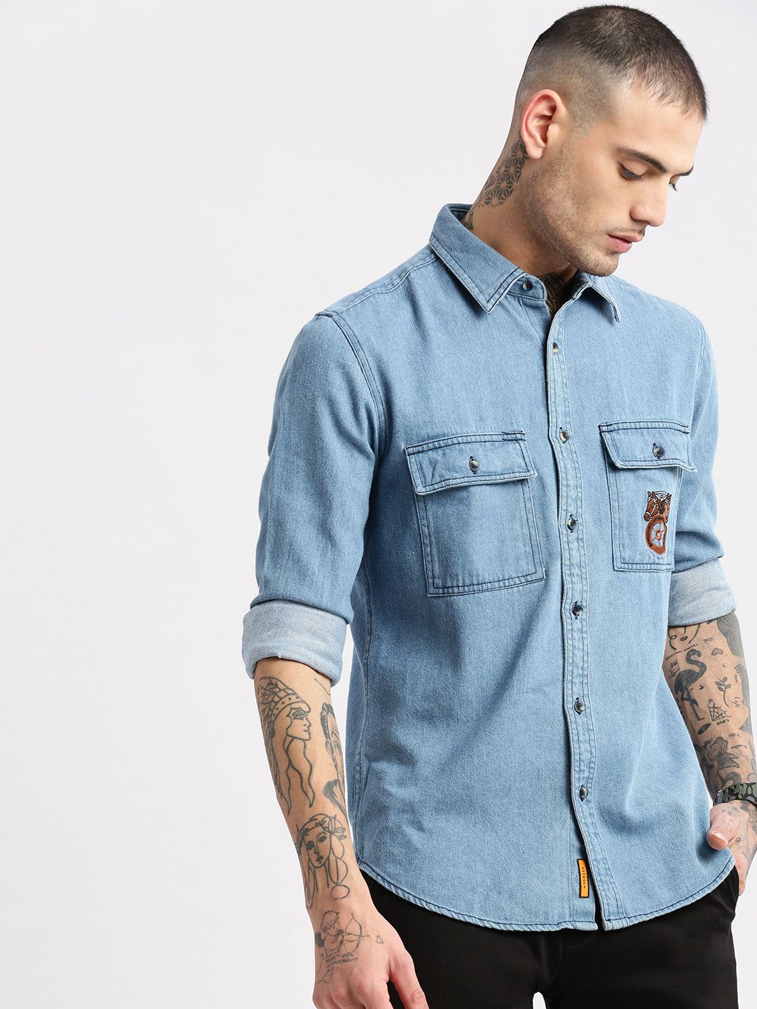 Men Spread Collar Denim Solid Blue Casual Shirt