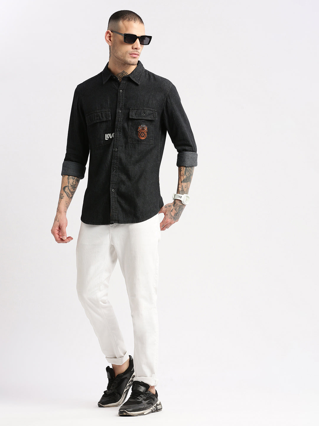 Men Spread Collar Denim Solid Black Casual Shirt