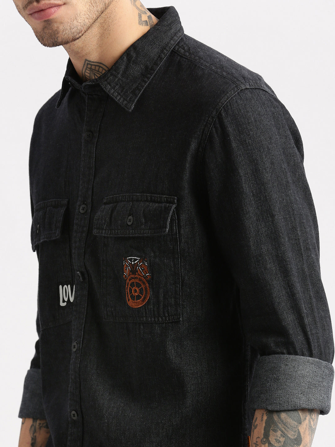 Men Spread Collar Denim Solid Black Casual Shirt