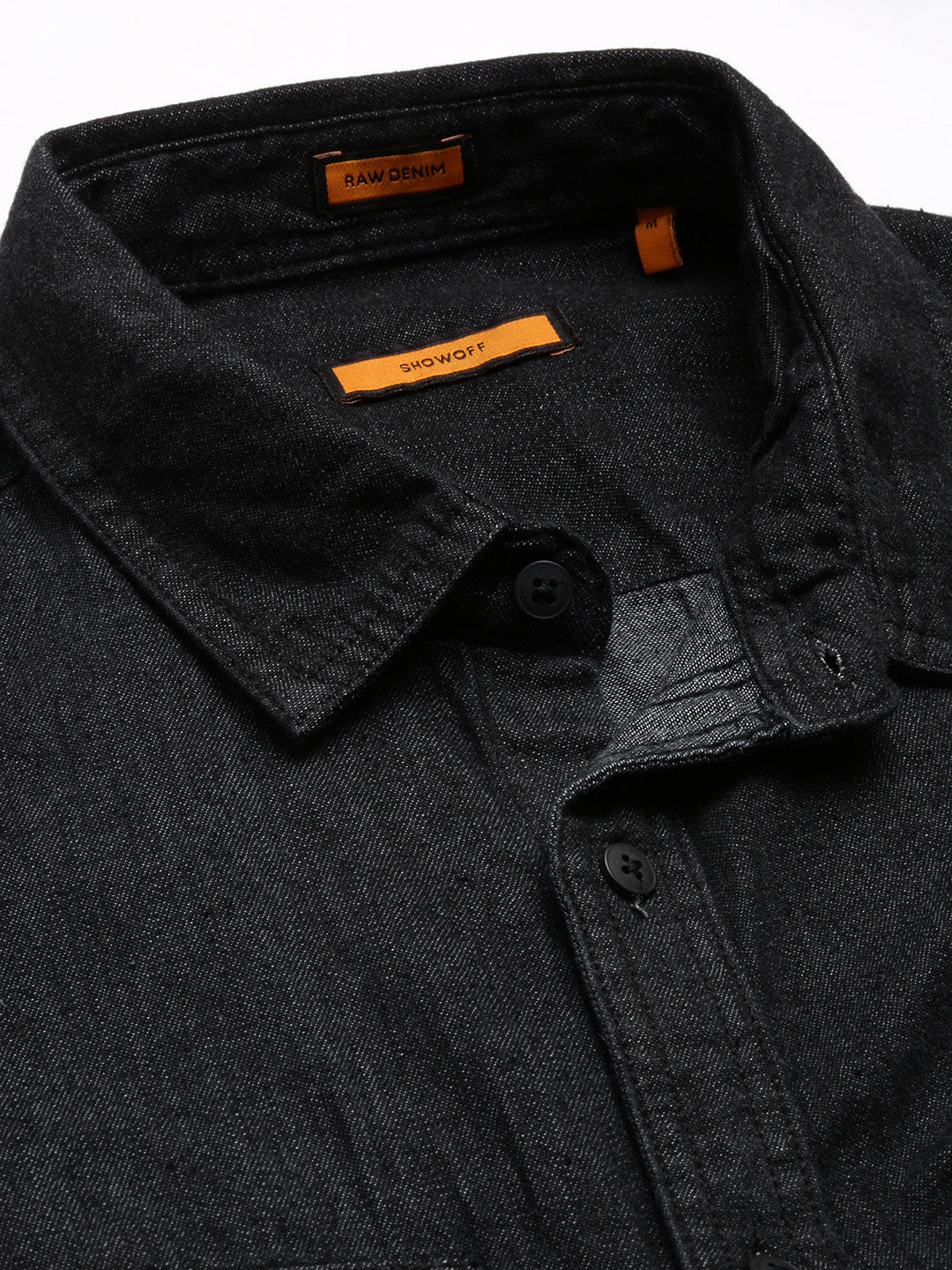 Men Spread Collar Denim Solid Black Casual Shirt