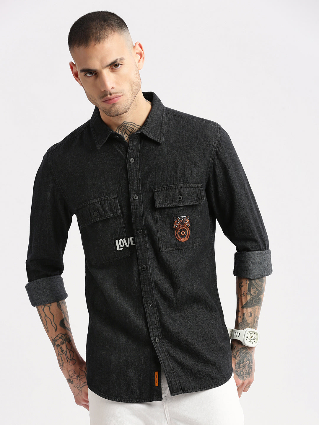 Men Spread Collar Denim Solid Black Casual Shirt