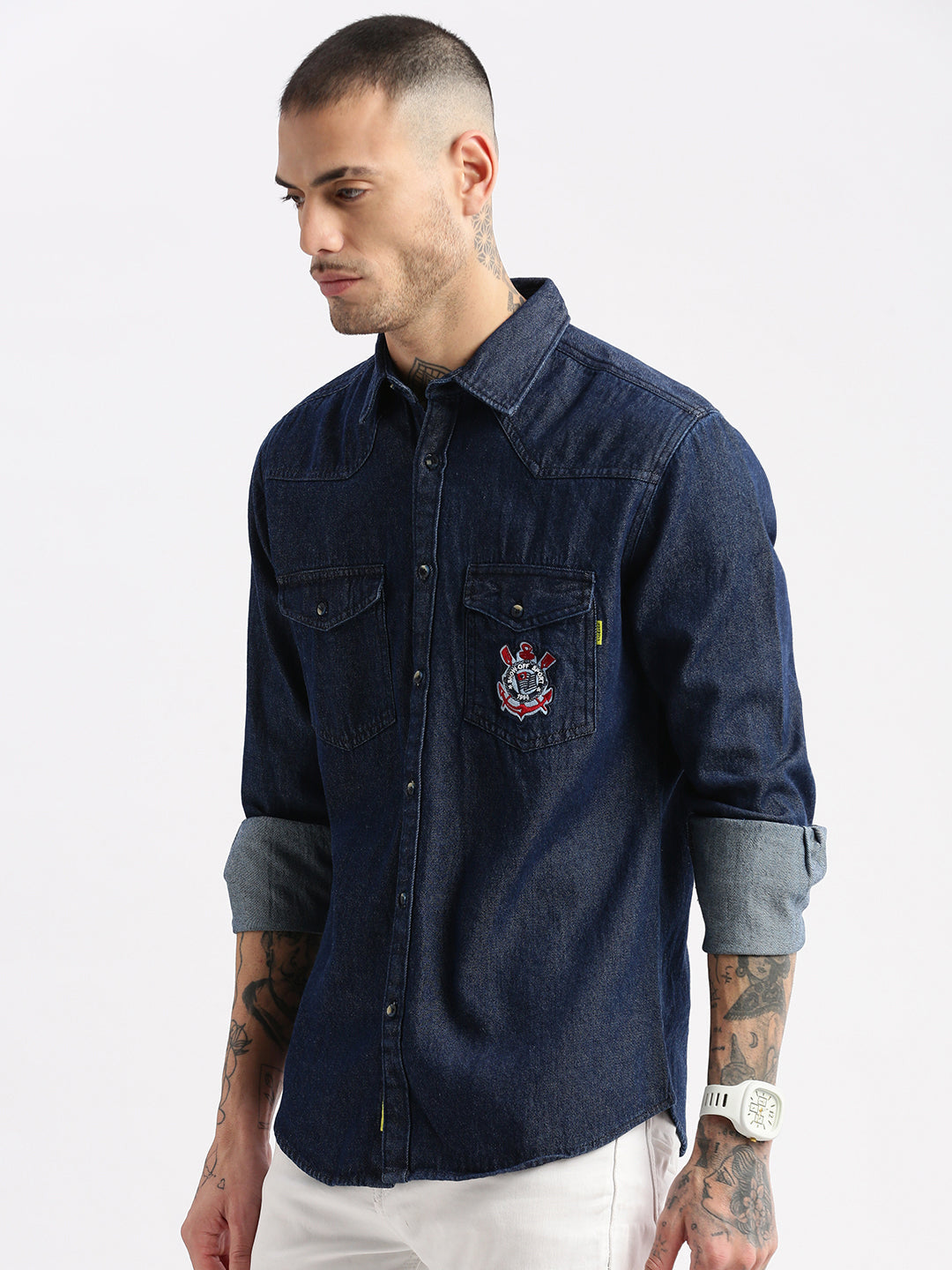 Men Spread Collar Denim Solid Navy Blue Casual Shirt