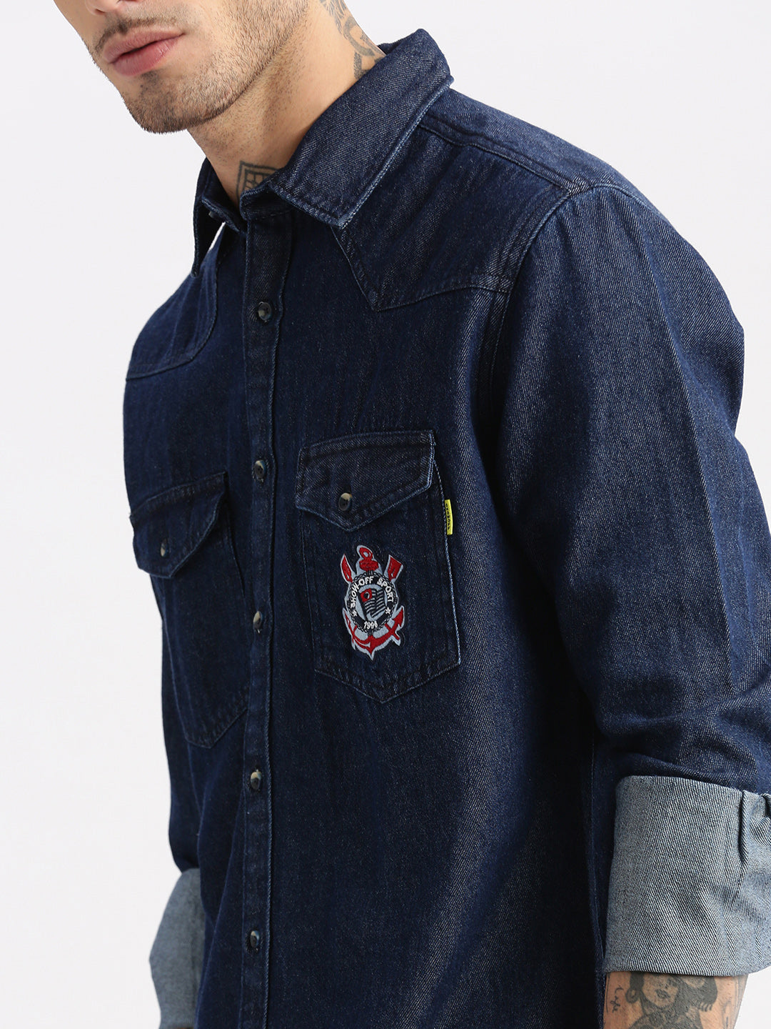 Men Spread Collar Denim Solid Navy Blue Casual Shirt