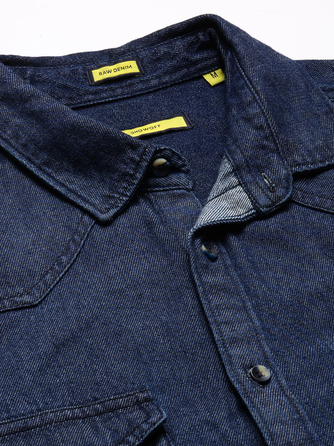 Men Spread Collar Denim Solid Navy Blue Casual Shirt