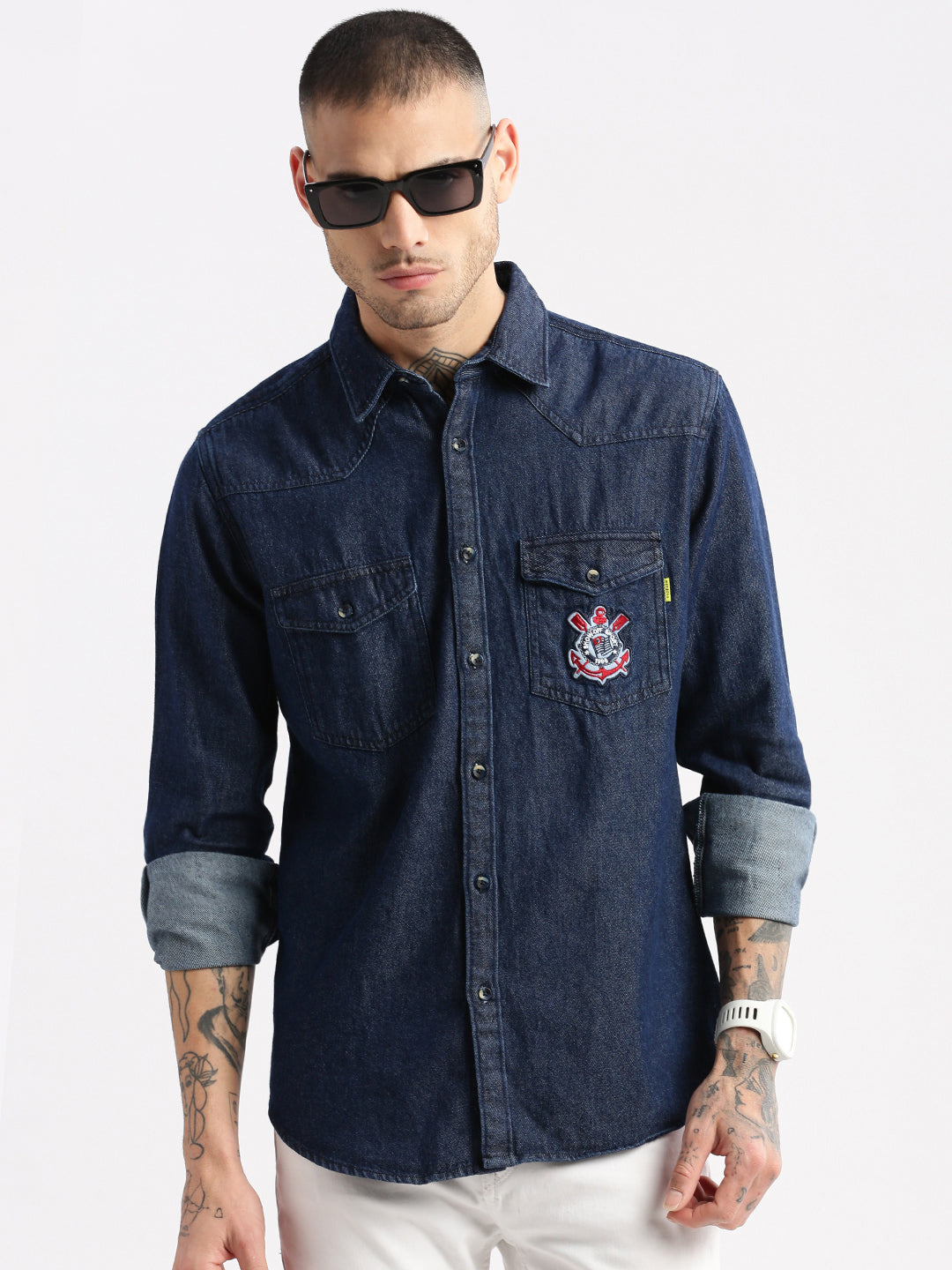 Men Spread Collar Denim Solid Navy Blue Casual Shirt