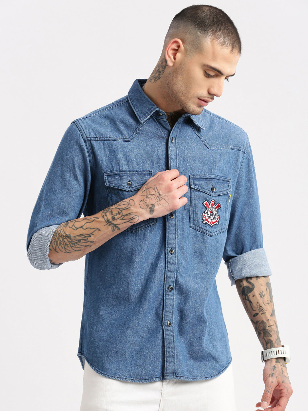 Men Spread Collar Denim Solid Blue Casual Shirt