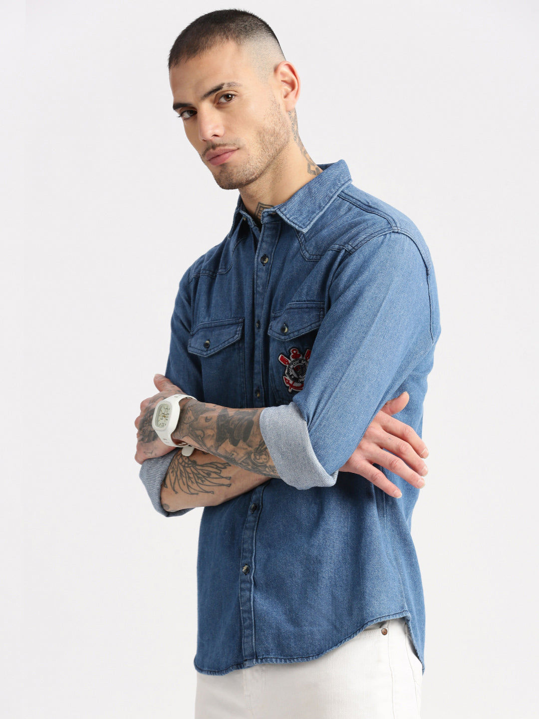 Men Spread Collar Denim Solid Blue Casual Shirt